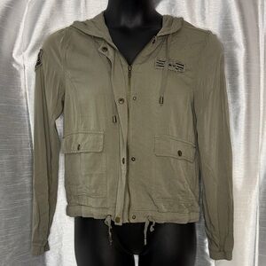 Maurices Drapey Hooded Jacket Military Patches Sage Rayon Full Zip Women’s M